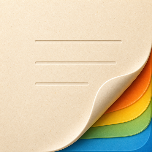 journal thing app icon: a cream paper page with its corner peeling to rainbow pages