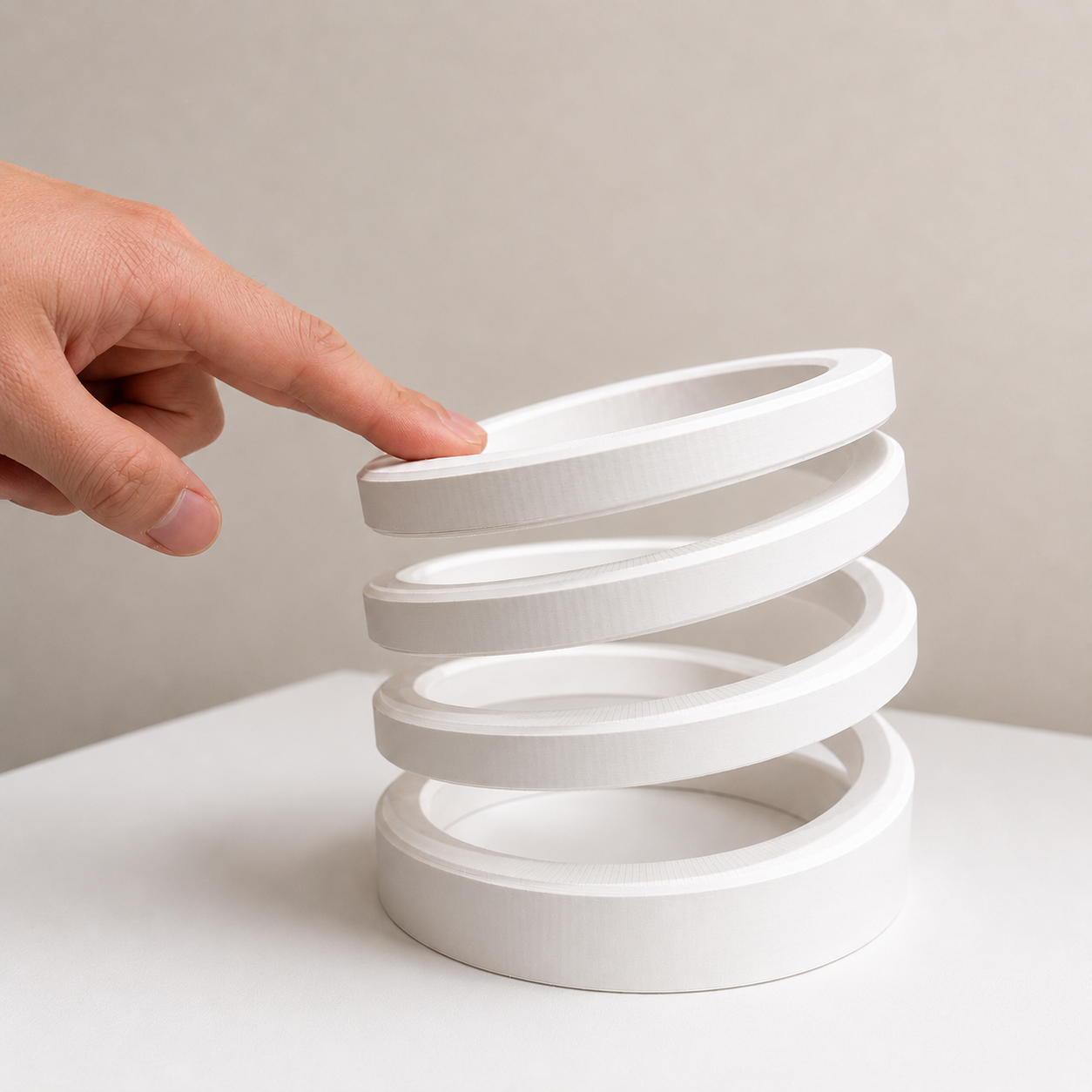 a stack of white rings balanced into a loose spiral