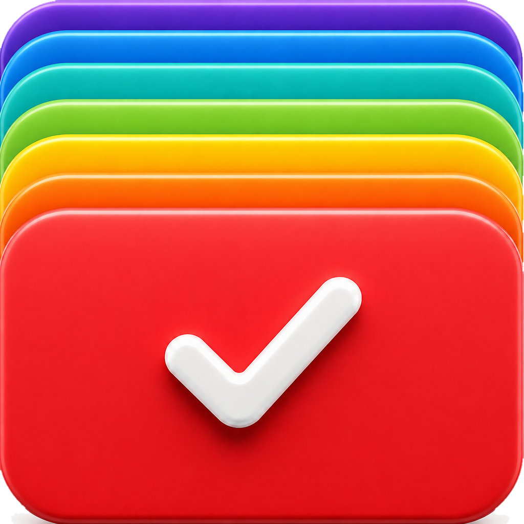 todo thing app icon: a rainbow stack of cards with a white checkmark